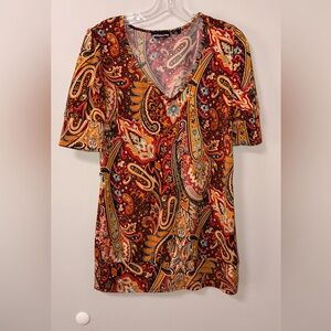 Sixteen Stretch Orange Red Paisley y2k v neck top boho fall vibes L